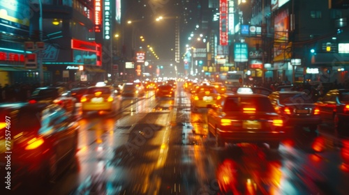 Blurred traffic background banner capturing the vibrant energy of city life at night. Streaks of light from moving vehicles create a dynamic and colorful pattern, AI Generative © sorapop