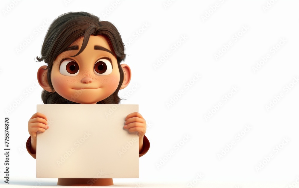 3D character of little girl holding a blank advertising whiteboard sign. Illustrative 3D character of little girl holding a blank advertising whiteboard sign. Illustrative