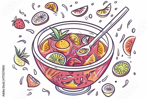 Cartoon cute doodles of a jubilant fruit punch bowl with floating fruit slices and a ladle, Generative AI photo