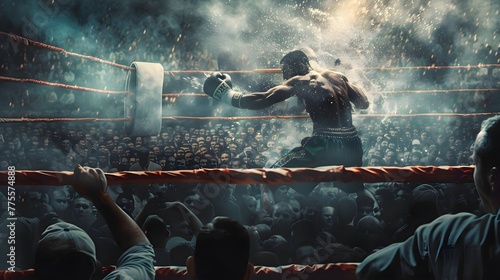 An epic boxing match is captured, which takes place against the background of gambling expressions and applauding spectators.