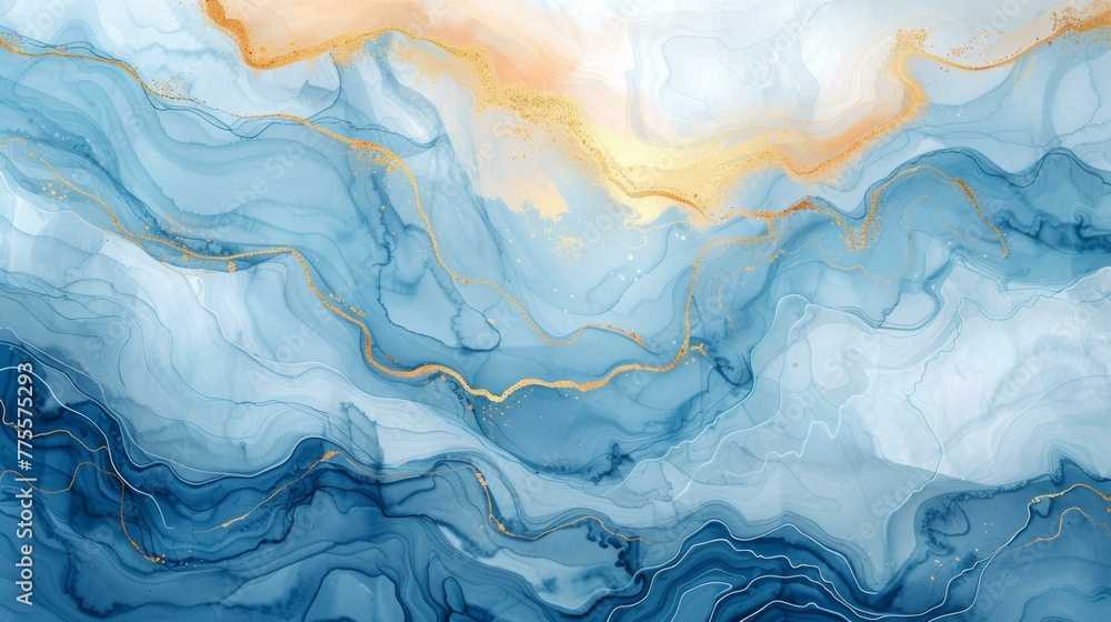 Sea waves pattern, abstract blue and gold, watercolor imitation, technological texture, AI Generative