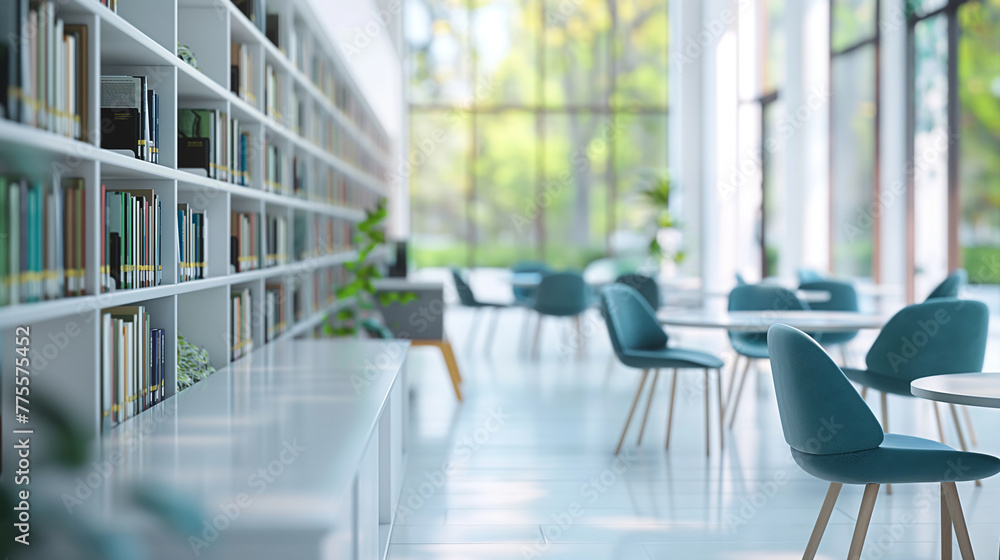 Modern library interior with bookshelves study tables and chairs 3D rendering Modern library interior with bookshelves study tables and chairs 3D rendering