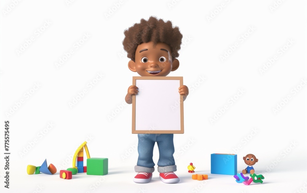 3D little boy character holding blank advertising banner on blackboard. Illustrative