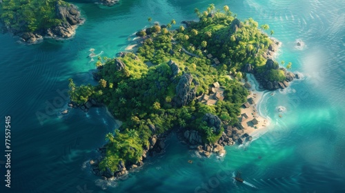 Visualize a breathtaking aerial perspective of a tropical island in the heart of the ocean. Highlight the contrast between the deep blue sea and the rich greenery of the island, AI Generative