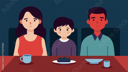 A family sitting in silence at the dinner table their downcast eyes and tense posture reflecting the underlying tension and unspoken issues