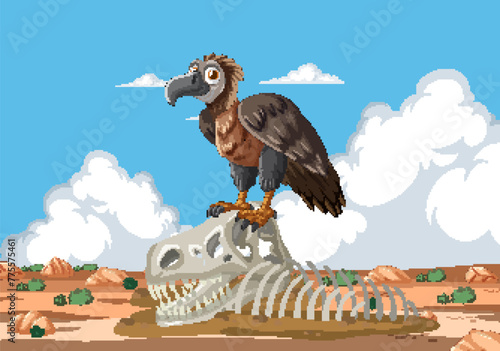 Cartoon vulture standing on animal bones in desert