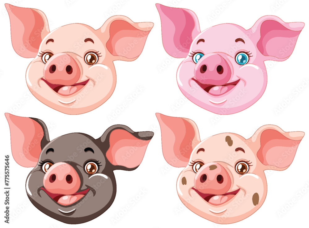 Four happy pig characters with different expressions.