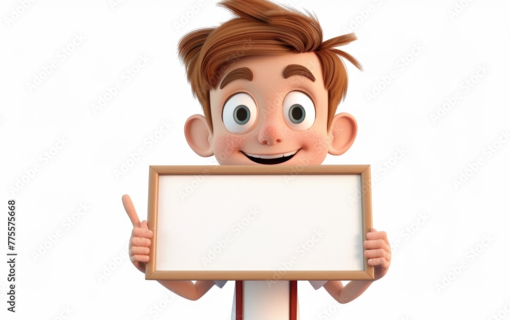 Cartoon boy character holding a blank sheet of paper on a board. 3D display. Advertisement illustrations. Cartoon boy character holding a blank sheet of paper on a board. 3D display. Advertisement illustrations.