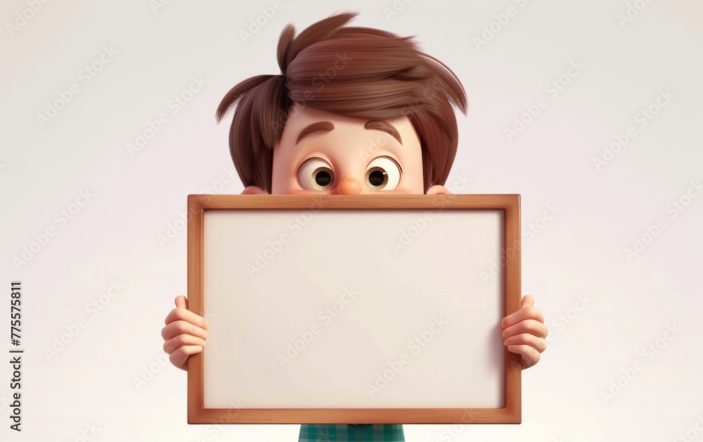 Cartoon boy character holding a blank sheet of paper on a board. 3D display. Advertisement illustrations. Cartoon boy character holding a blank sheet of paper on a board. 3D display. Advertisement illustrations.