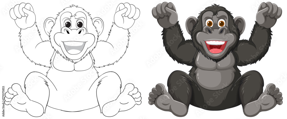 Obraz premium Two happy monkeys with raised arms in joy