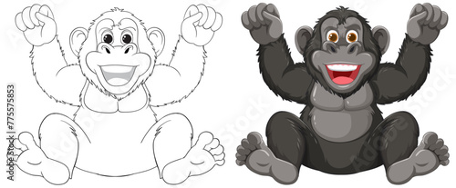Two happy monkeys with raised arms in joy