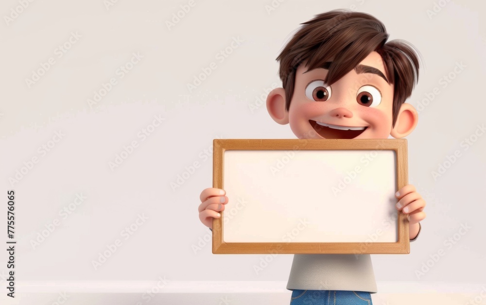 Cartoon boy character holding a blank sheet of paper on a board. 3D display. Advertisement illustrations. Cartoon boy character holding a blank sheet of paper on a board. 3D display. Advertisement illustrations.