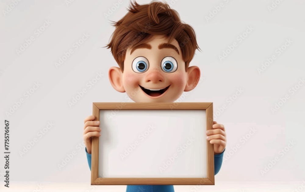 Cartoon boy character holding a blank sheet of paper on a board. 3D display. Advertisement illustrations. Cartoon boy character holding a blank sheet of paper on a board. 3D display. Advertisement illustrations.