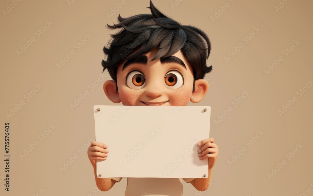 Cartoon character holding a blank sheet of paper on the blackboard. 3D display. Advertisement illustrations Cartoon character holding a blank sheet of paper on the blackboard. 3D display. Advertisement illustrations
