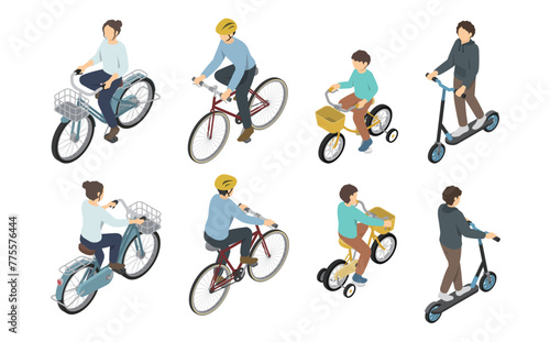 アイソメトリックイラスト:自転車に乗る人々いろいろセット