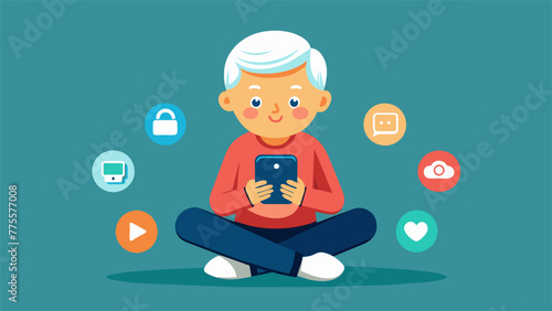 An elderly person sitting attentively as a young child expertly demonstrates how to use a smartphone with icons and apps that seem to appear