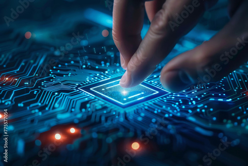 A hand is touching a computer chip