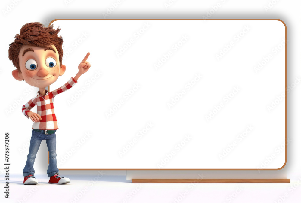 Cartoon character little boy points a finger at a blank board on a white background. 3d render illustration Cartoon character little boy points a finger at a blank board on a white background. 3d render illustration