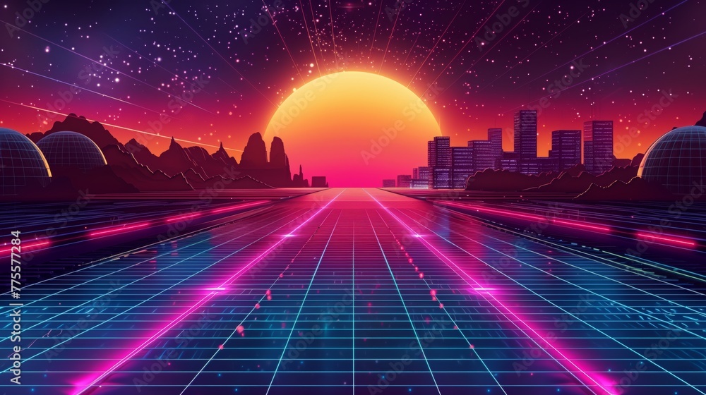 sunset over the city with the grid. synthwave styled landscape. futuristic background. - obrazy, fototapety, plakaty 
