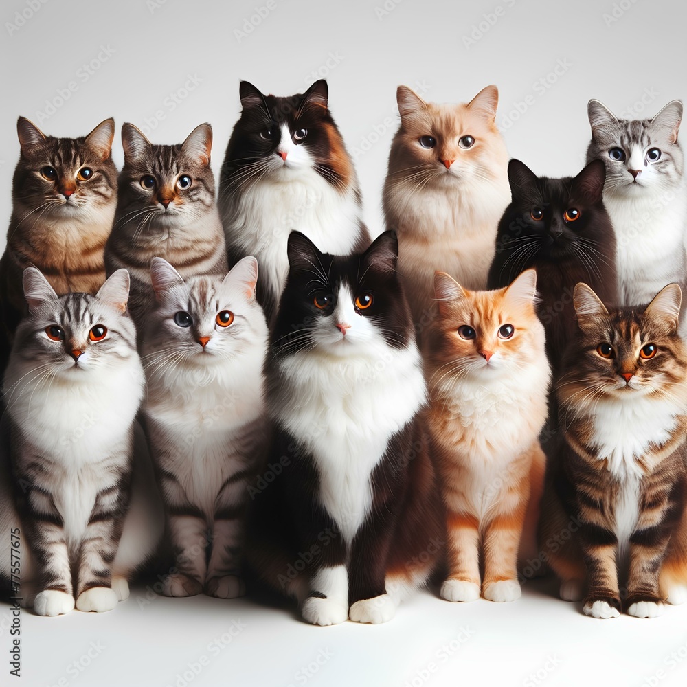 Studio image of large group of cats.