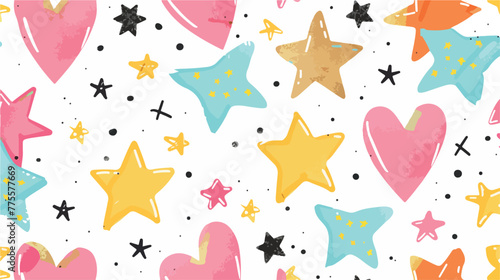 Memphis style seamless pattern with hearts and glit