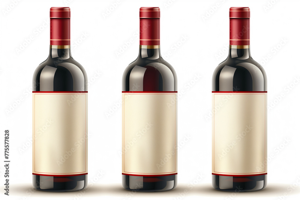 Three bottles of red wine with red caps. The bottles are lined up on a white background Three bottles of red wine with red caps. The bottles are lined up on a white background