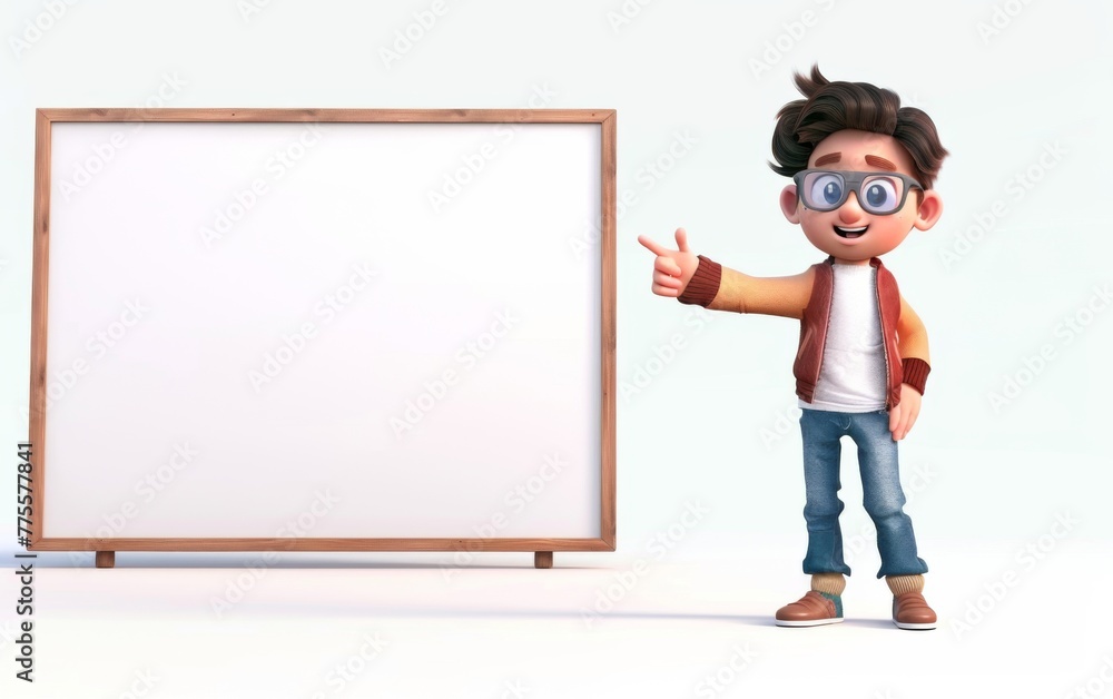 Cartoon character little boy points a finger at a blank board on a white background. 3d render illustration Cartoon character little boy points a finger at a blank board on a white background. 3d render illustration