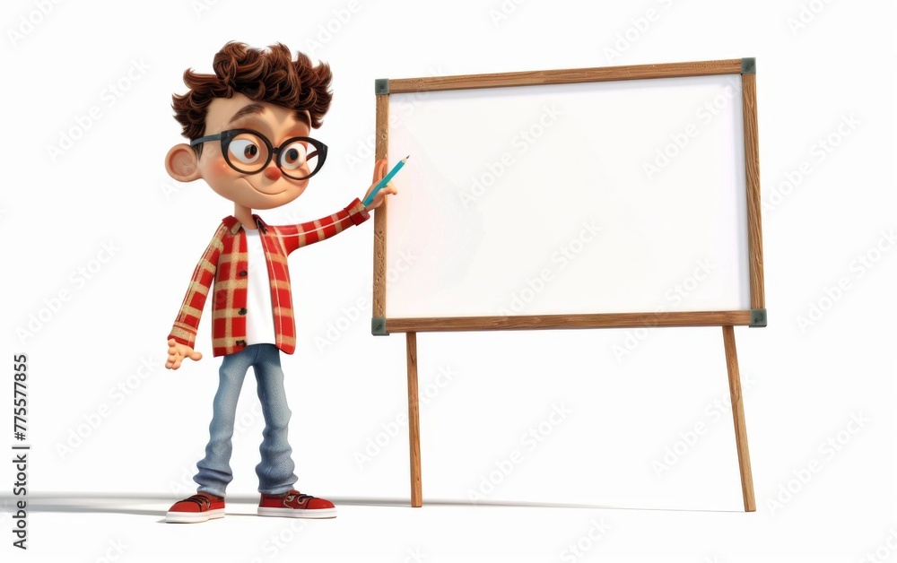 Cartoon character little boy points a finger at a blank board on a white background. 3d render illustration Cartoon character little boy points a finger at a blank board on a white background. 3d render illustration