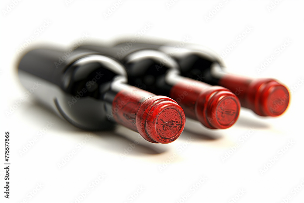 Three bottles of red wine with red caps. The bottles are lined up on a white background Three bottles of red wine with red caps. The bottles are lined up on a white background