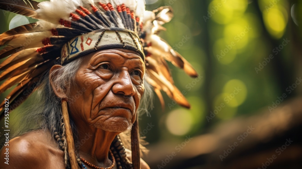 Close-up Portrait of a Senor American Indian Man from the Patax tribe in a feather headdress looks away in nature. The Diversity Of People On Earth. Close-up Portrait of a Senor American Indian Man from the Patax tribe in a feather headdress looks away in nature. The Diversity Of People On Earth.