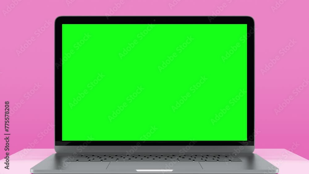 Laptop Computer with Green Screen for Chroma Key. Zoom In on Mock Up of Working PC with Greenscreen for Chromakey on Pink Color Background. Web Presentation of Electronic Object with Horizontal View