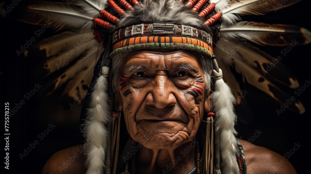 A close-up Portrait of an elderly American Indian Man from the Patax tribe in a feather headdress looks at the camera on a black background. The Diversity Of People On Earth.