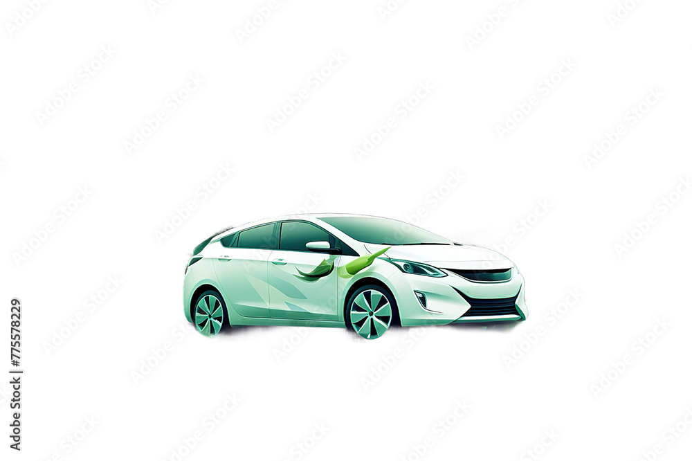 Symbol of electric car covered with green leaves. Alternative energy sources sustainable living environment concept. isolated on a Transparent background. Generative AI