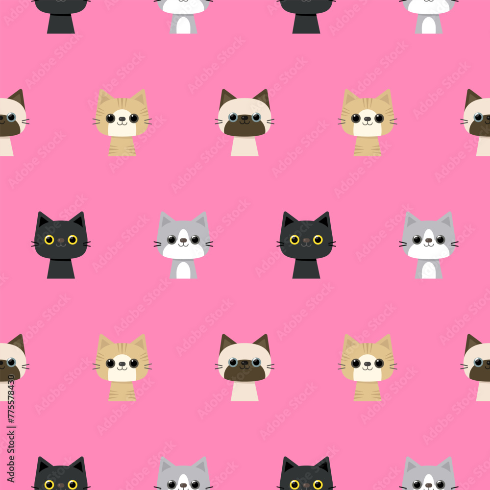 Kids seamless pattern cute kitten cats hand drawn pink background vector illustration