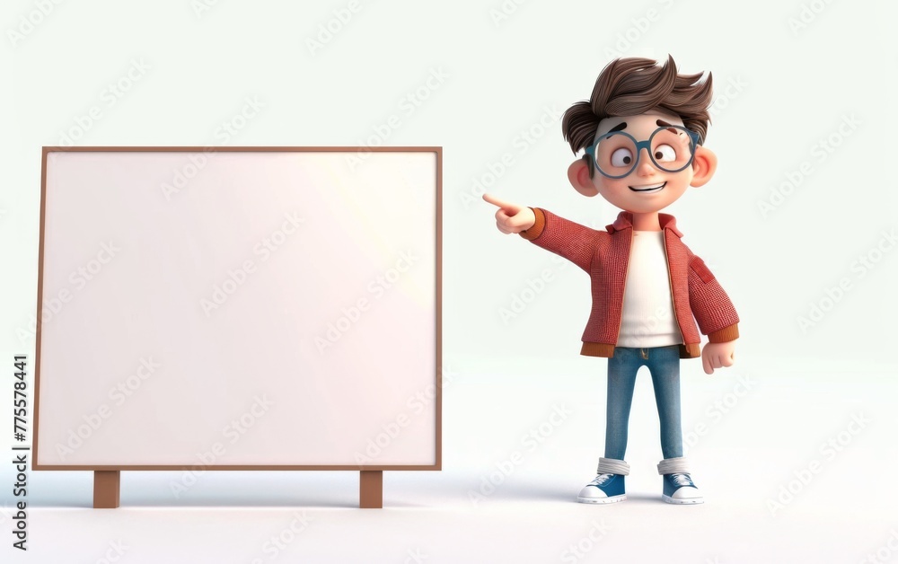 Cartoon character little boy points a finger at a blank board on a white background. 3d render illustration Cartoon character little boy points a finger at a blank board on a white background. 3d render illustration