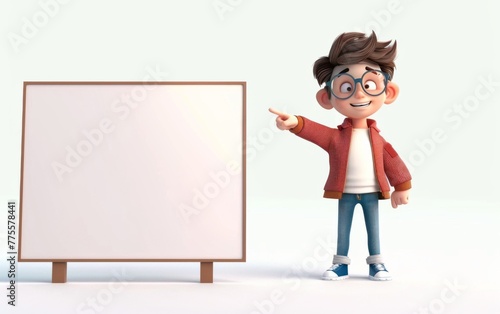 Cartoon character little boy points a finger at a blank board on a white background. 3d render illustration © MUS_GRAPHIC