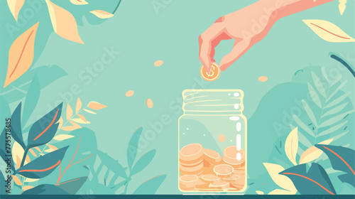 Money saving concept. Hand putting a coin into glas