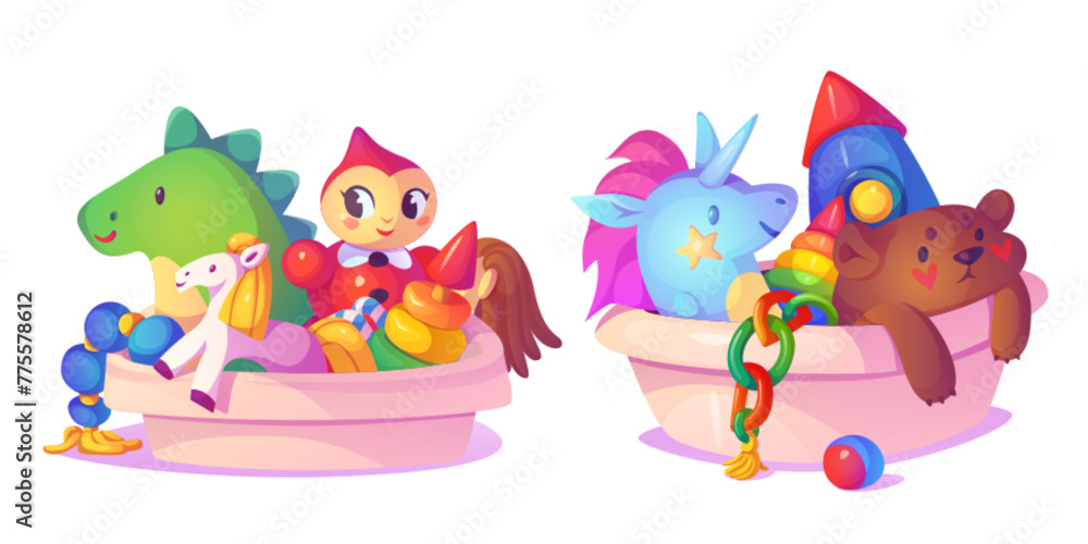 Toy boxes set isolated on white background. Vector cartoon illustration of plastic container with ball, rocket, teddy bear, horse, unicorn, doll, dinosaur, book, early education, kids room items Toy boxes set isolated on white background. Vector cartoon illustration of plastic container with ball, rocket, teddy bear, horse, unicorn, doll, dinosaur, book, early education, kids room items
