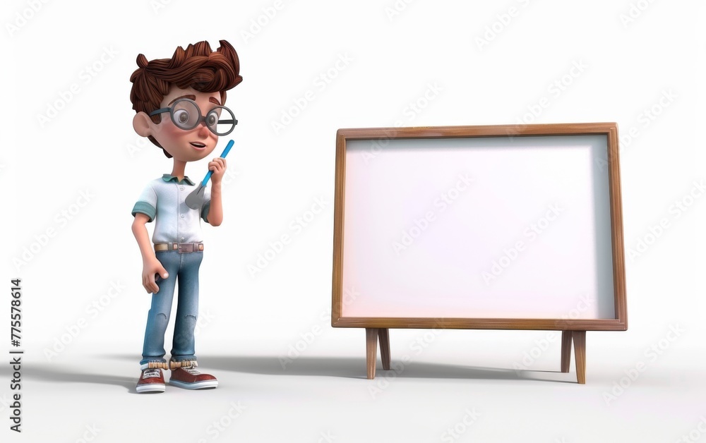 Cartoon character little boy points a finger at a blank board on a white background. 3d render illustration Cartoon character little boy points a finger at a blank board on a white background. 3d render illustration