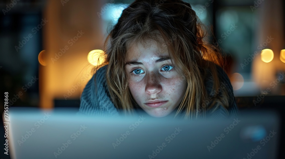 An anguished teenager staring at her laptop screen, overwhelmed by the cruel and hateful comments directed towards her, highlighting the damaging effects of cyberbullying on young minds An anguished teenager staring at her laptop screen, overwhelmed by the cruel and hateful comments directed towards her, highlighting the damaging effects of cyberbullying on young minds