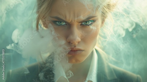 A depiction of a furious young woman in business attire, emitting steam from her ears to convey intense frustration and anger photo