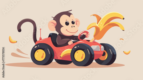 Monkey riding on toy car eating banana illustration