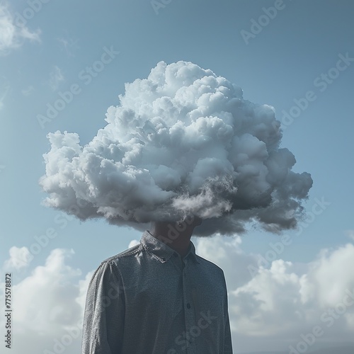 A solitary figure with a head hidden in a puffy white cloud, emphasizing the theme of isolation and detachment The composition of the image evokes a feeling of depression and emotional distance