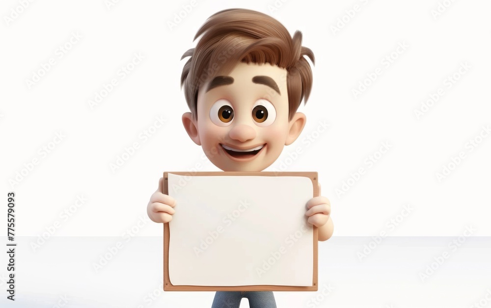 Character cartoon boy points to a blank sheet of paper. 3d rendering. Illustration for advertising Character cartoon boy points to a blank sheet of paper. 3d rendering. Illustration for advertising