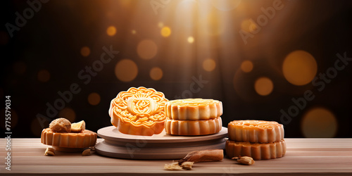 Mid autumn festival sort popular high resolution Moon Viewing Mooncakes on a lighted background