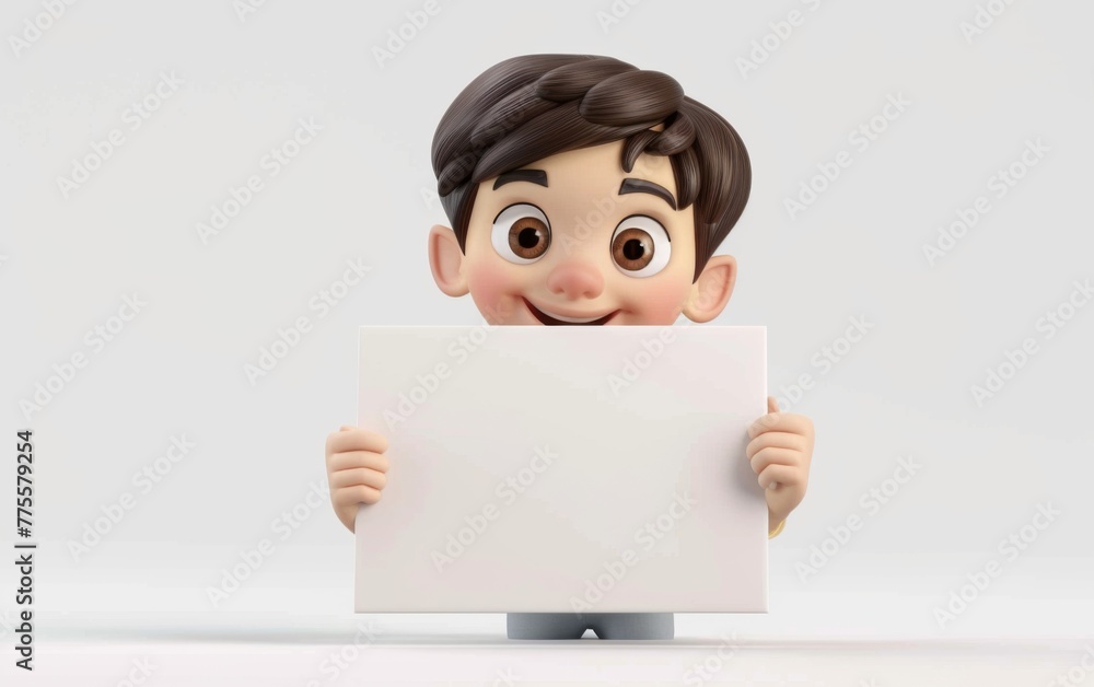 Character cartoon boy points to a blank sheet of paper. 3d rendering. Illustration for advertising Character cartoon boy points to a blank sheet of paper. 3d rendering. Illustration for advertising