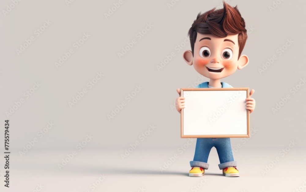 Character cartoon boy points to a blank sheet of paper. 3d rendering. Illustration for advertising. Character cartoon boy points to a blank sheet of paper. 3d rendering. Illustration for advertising.