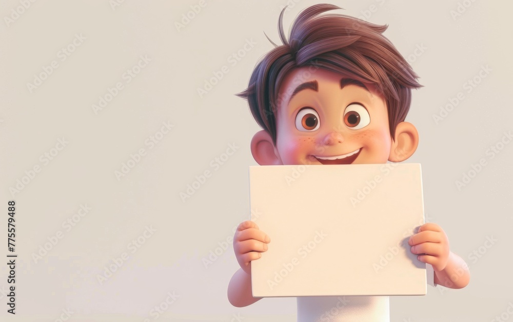 Character cartoon boy points to a blank sheet of paper. 3d rendering. Illustration for advertising. Character cartoon boy points to a blank sheet of paper. 3d rendering. Illustration for advertising.