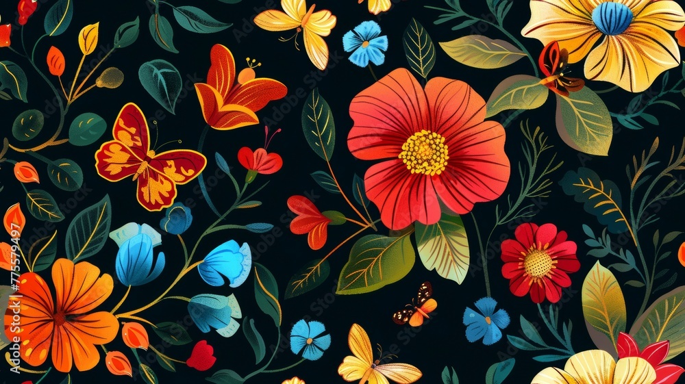 Floral pattern featuring butterflies and blooms Floral pattern featuring butterflies and blooms