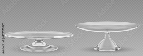 3d glass cake plate for dessert isolated vector. Realistic birthday dish stand for table. Empty pie display tray graphic set. Pretty crystal sweet food pedestal. Luxury cupcake showcase glassware